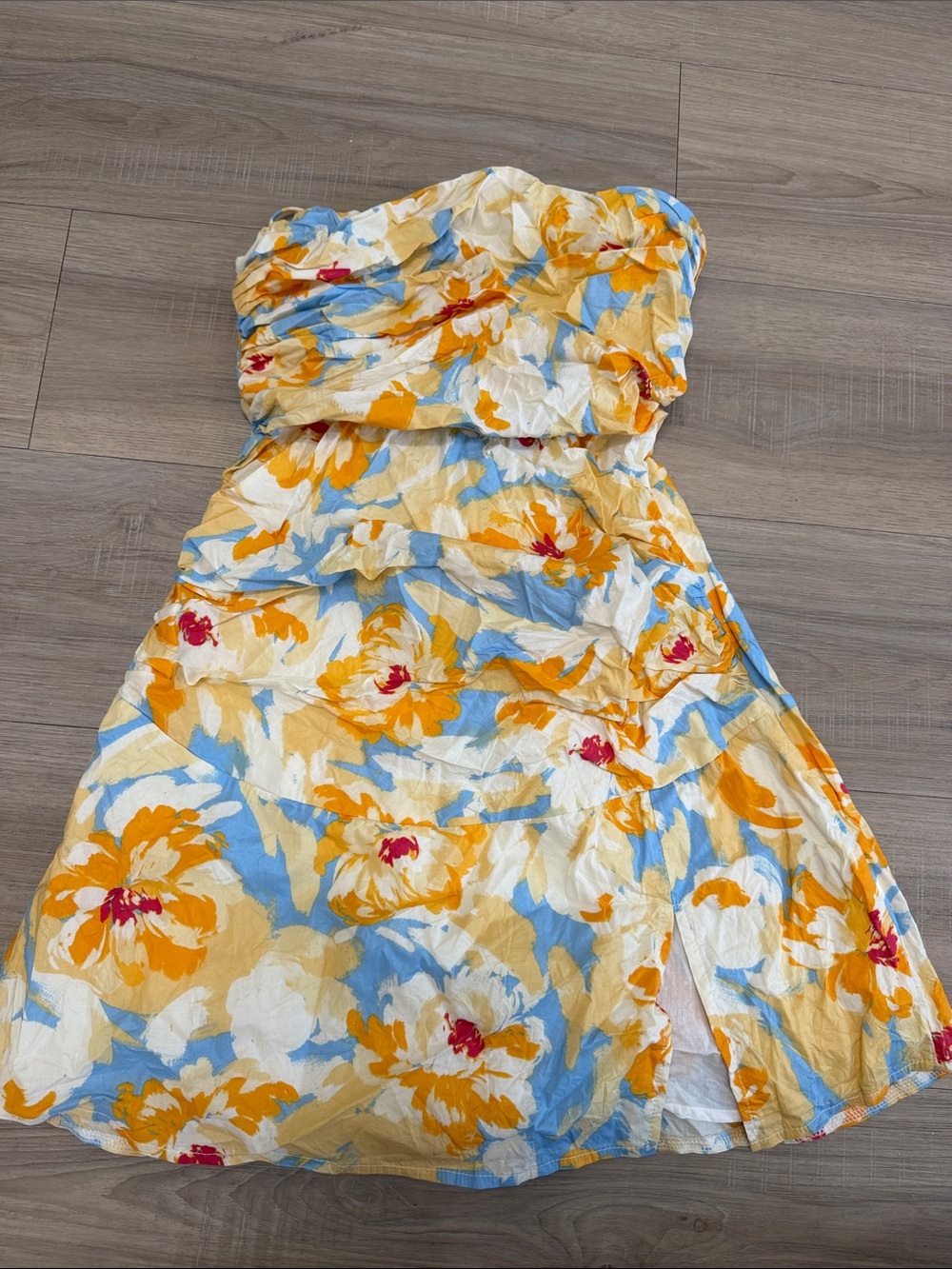 Angel Biba Yellow Blue Floral Strapless Dress